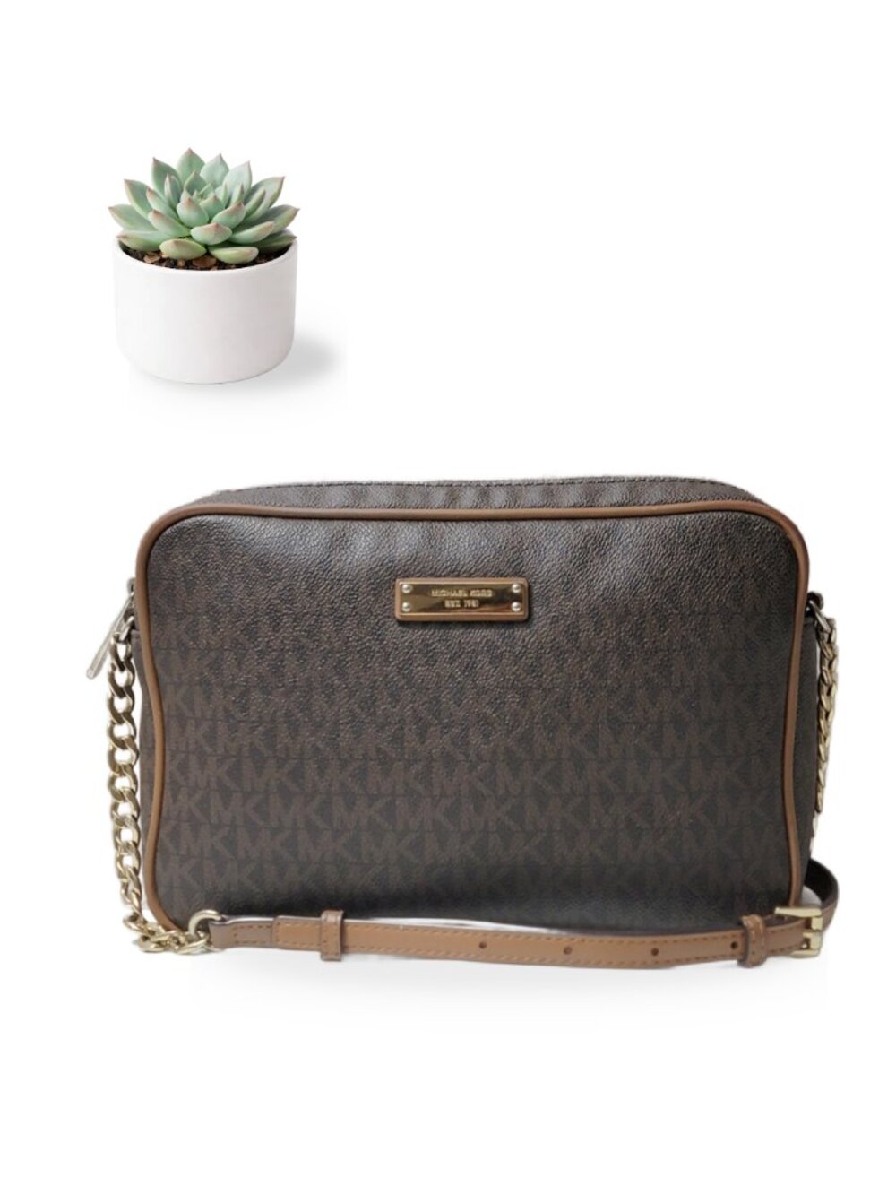 Michael Kors Jet Set Large Crossbody Handbag Brown Signature MK Chain Bag Purse